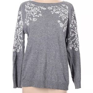 Rain + Rose Gray Sweater with White Floral Embroidery Small